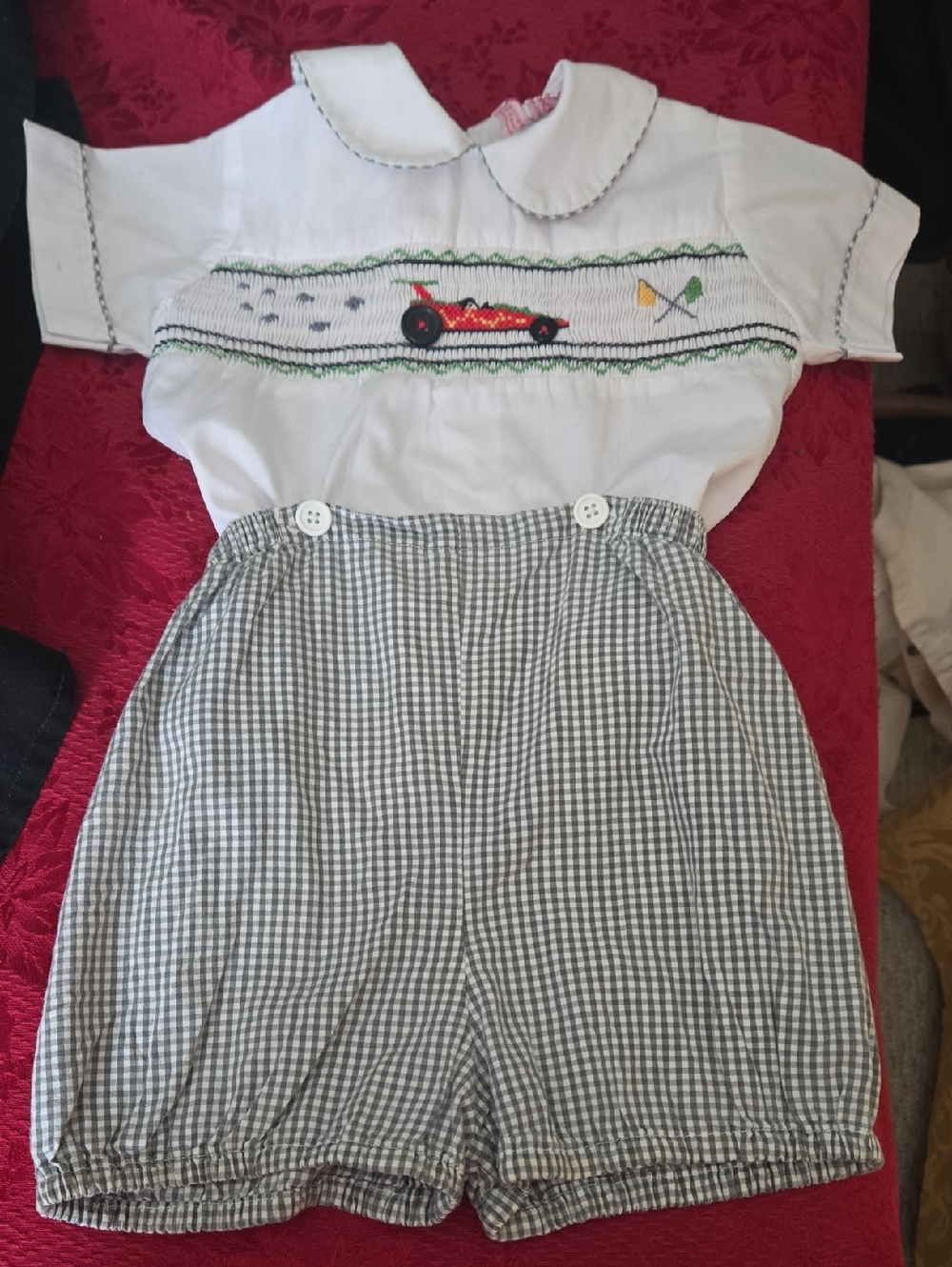 Express Boys Smocked Race Car Shortall - White, Red, Green, Gray